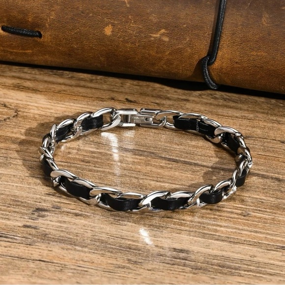 Black Leather Chain Bracelets, Waterproof Stainless Steel Cuban Links Chain - Picture 2 of 5